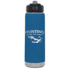 Laser etched royal blue 20 oz vacuum insulated water bottle with 'Hunting Cheaper than Therapy' design