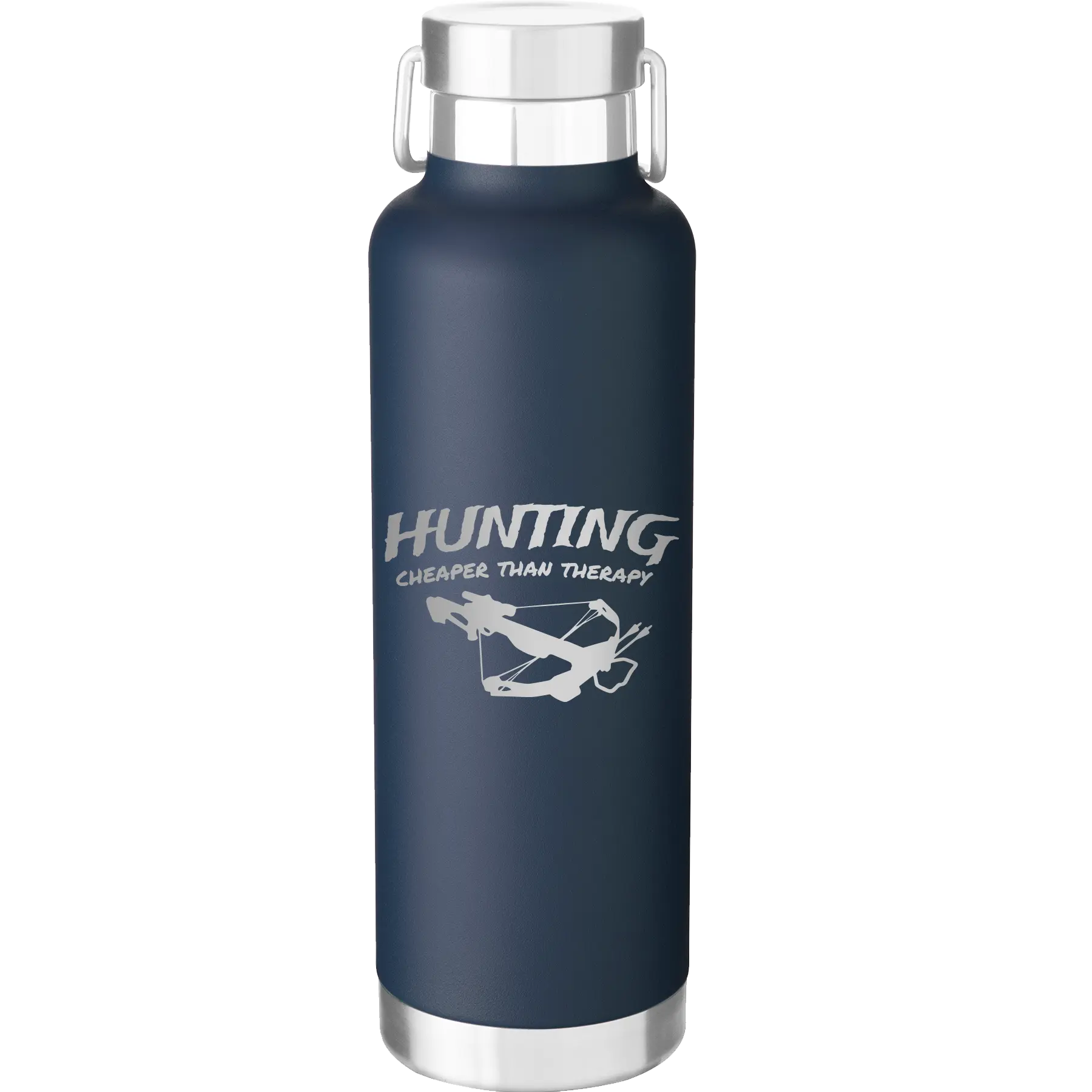 Laser etched navy 24 oz vacuum insulated water bottle with 'Hunting Cheaper than Therapy' design
