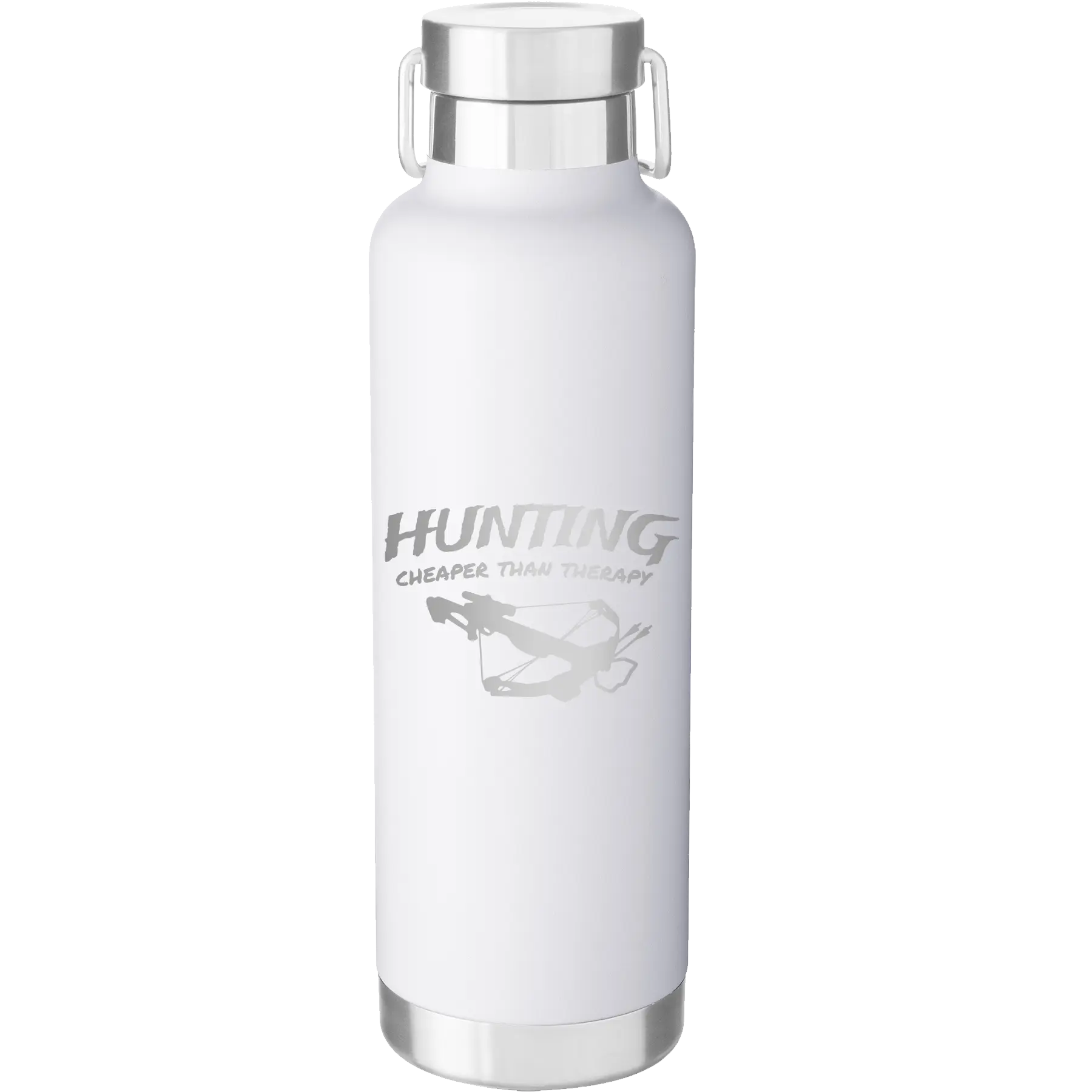 Laser etched white 24 oz vacuum insulated water bottle with 'Hunting Cheaper than Therapy' design
