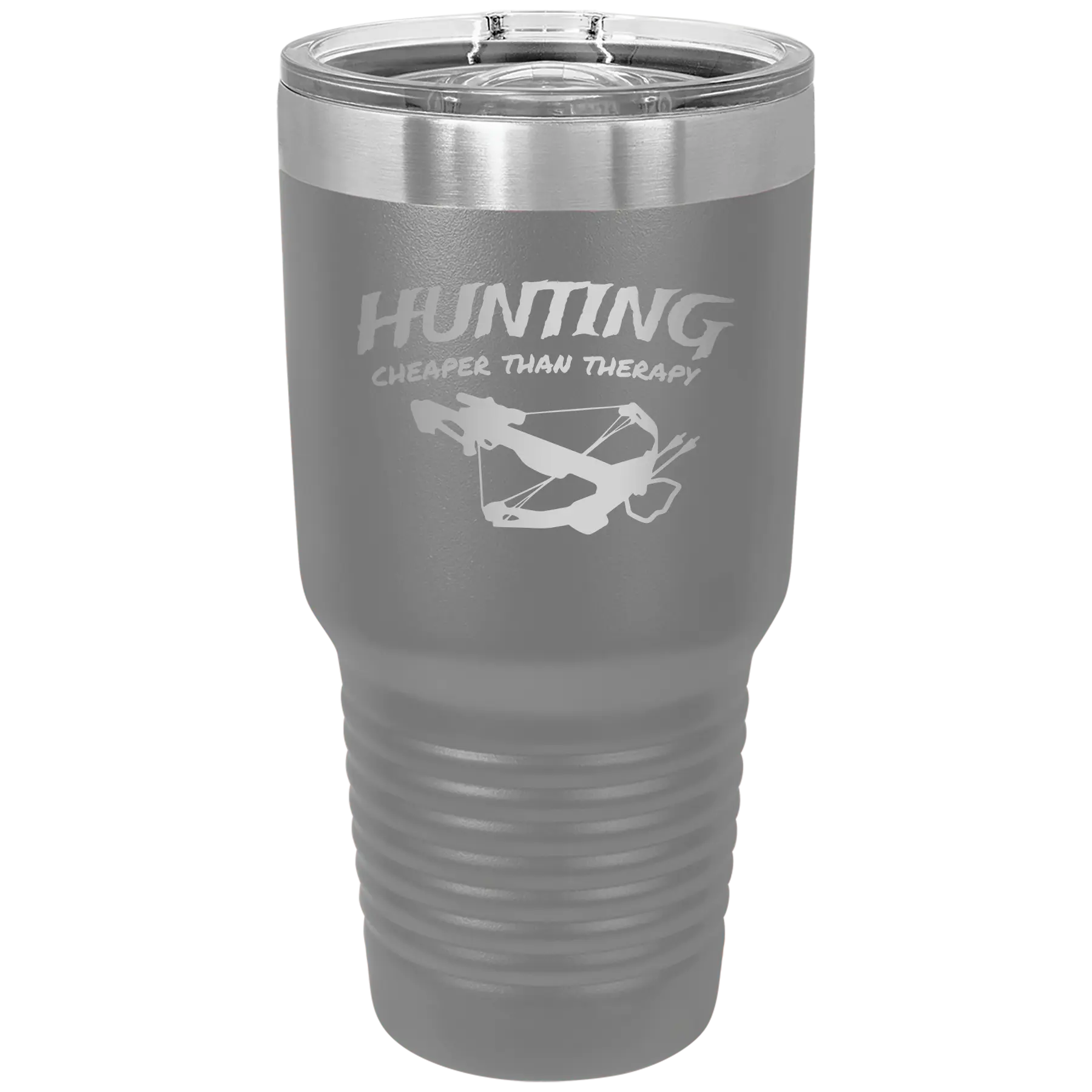 Laser etched dark gray 30 oz vacuum insulated tumbler with 'Hunting Cheaper than Therapy' design