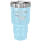 Laser etched light blue 30 oz vacuum insulated tumbler with 'Hunting Cheaper than Therapy' design