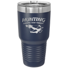 Laser etched navy 30 oz vacuum insulated tumbler with 'Hunting Cheaper than Therapy' design