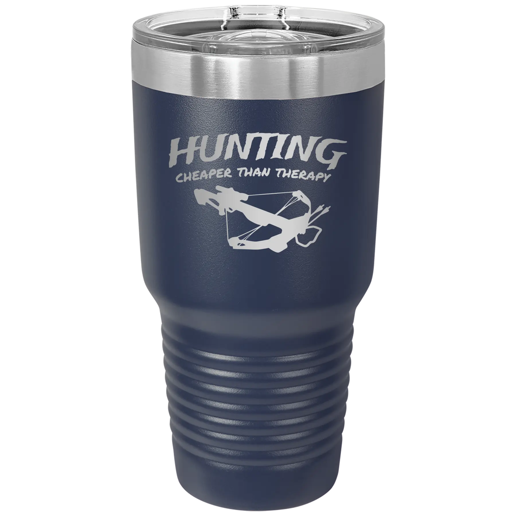 Laser etched navy 30 oz vacuum insulated tumbler with 'Hunting Cheaper than Therapy' design