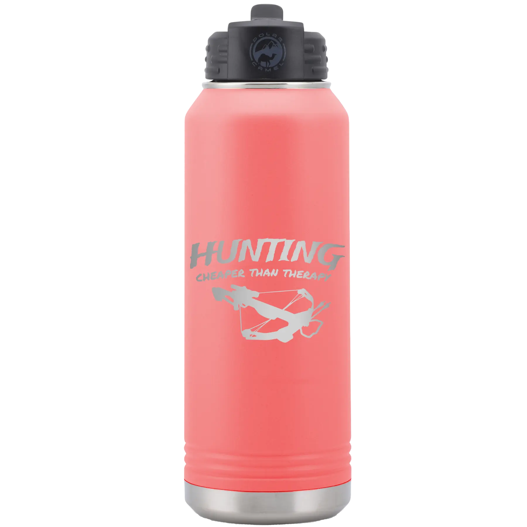 Laser etched coral 32 oz vacuum insulated water bottle with 'Hunting Cheaper than Therapy' design