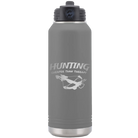 Laser etched dark gray 32 oz vacuum insulated water bottle with 'Hunting Cheaper than Therapy' design
