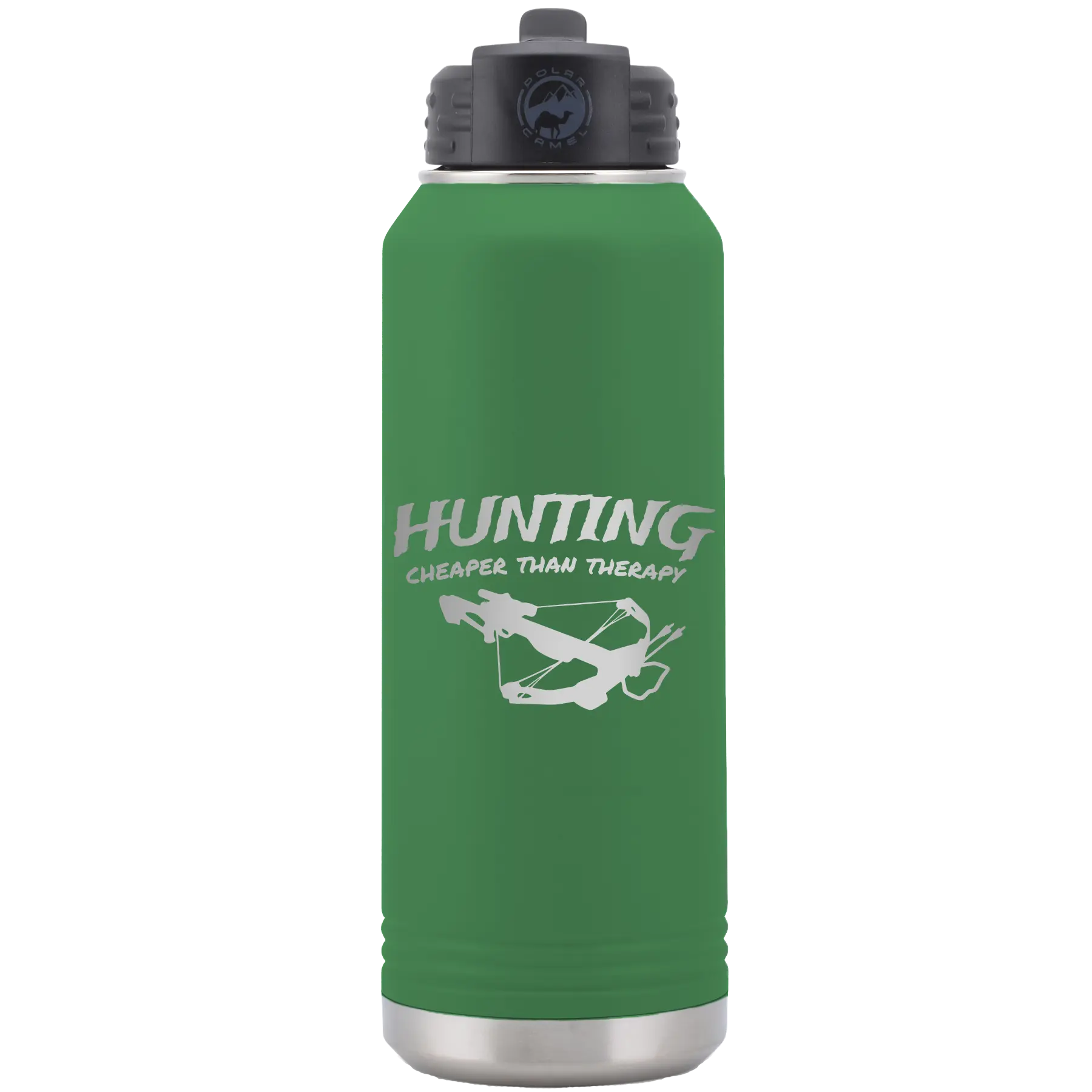 Laser etched green 32 oz vacuum insulated water bottle with 'Hunting Cheaper than Therapy' design