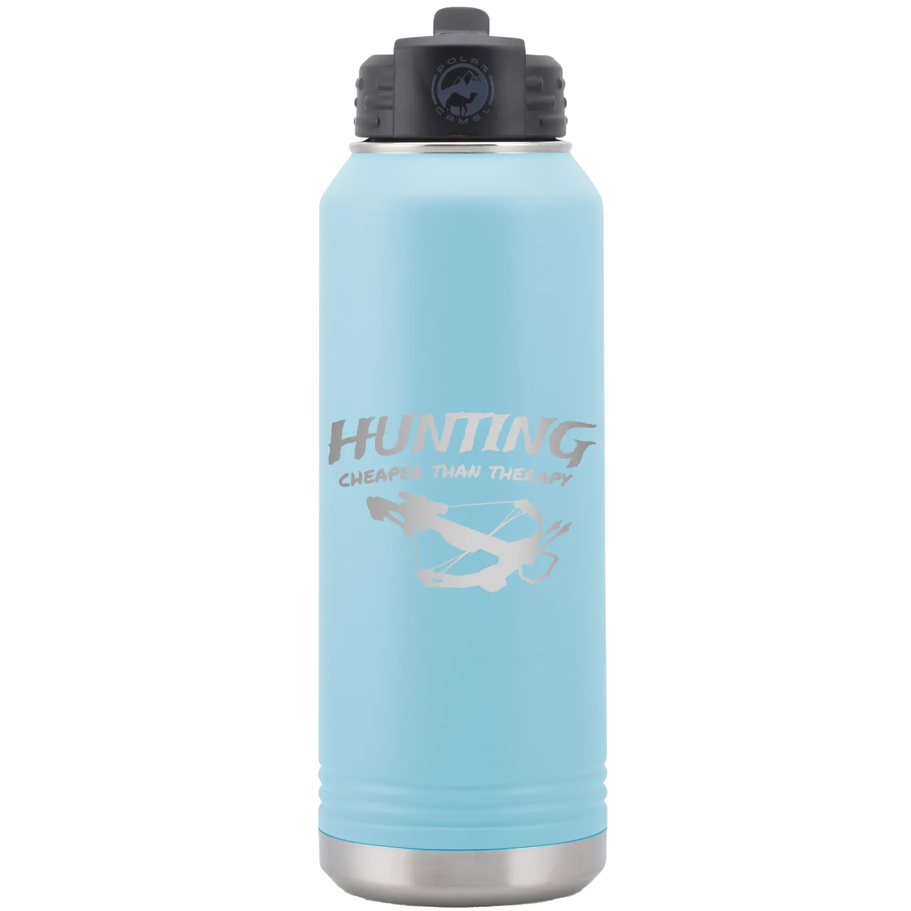 Laser etched light blue 32 oz vacuum insulated water bottle with 'Hunting Cheaper than Therapy' design