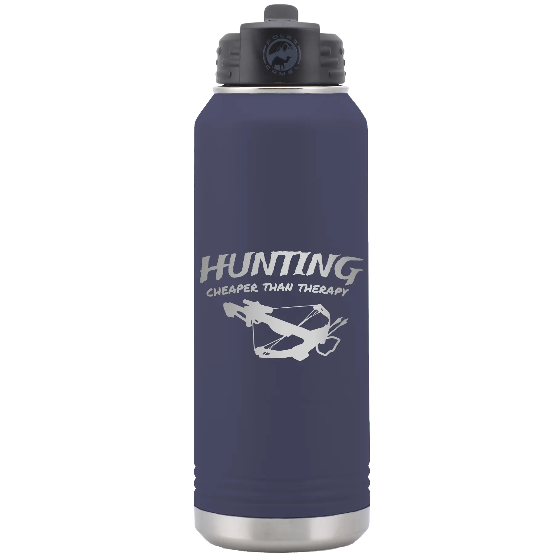 Laser etched navy 32 oz vacuum insulated water bottle with 'Hunting Cheaper than Therapy' design