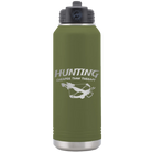 Laser etched olive green 32 oz vacuum insulated water bottle with 'Hunting Cheaper than Therapy' design