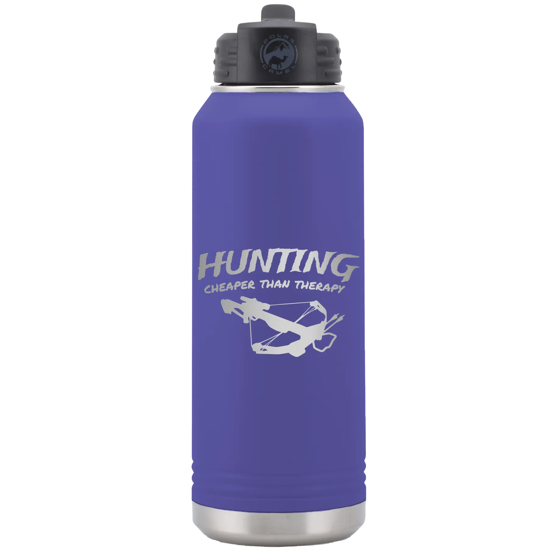 Laser etched purple 32 oz vacuum insulated water bottle with 'Hunting Cheaper than Therapy' design