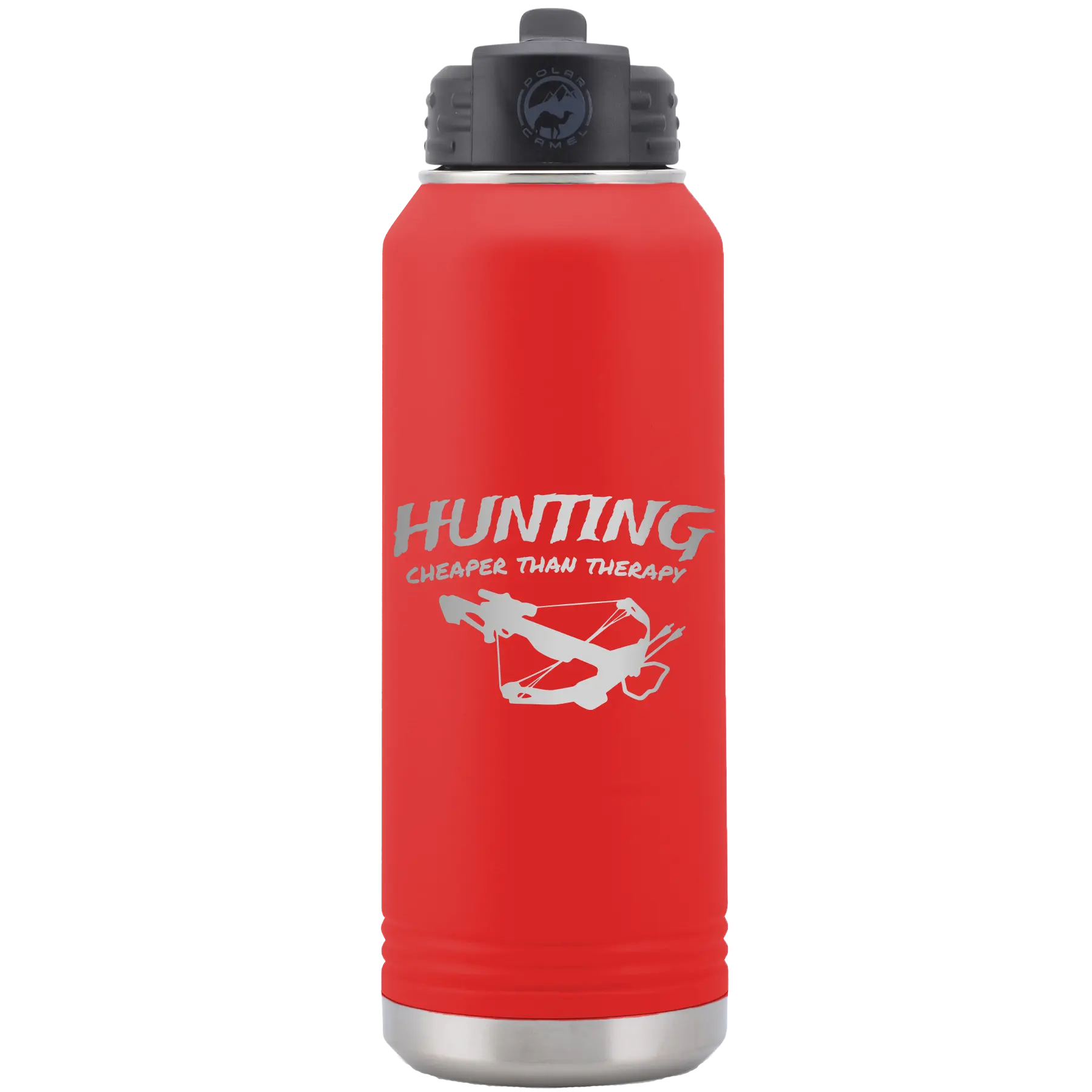 Laser etched red 32 oz vacuum insulated water bottle with 'Hunting Cheaper than Therapy' design