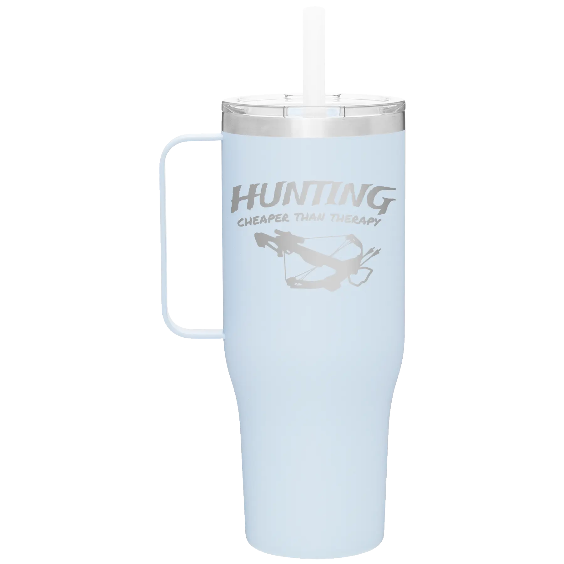 Laser etched landfall 40 oz vacuum insulated tumbler mug with 'Hunting Cheaper than Therapy' design