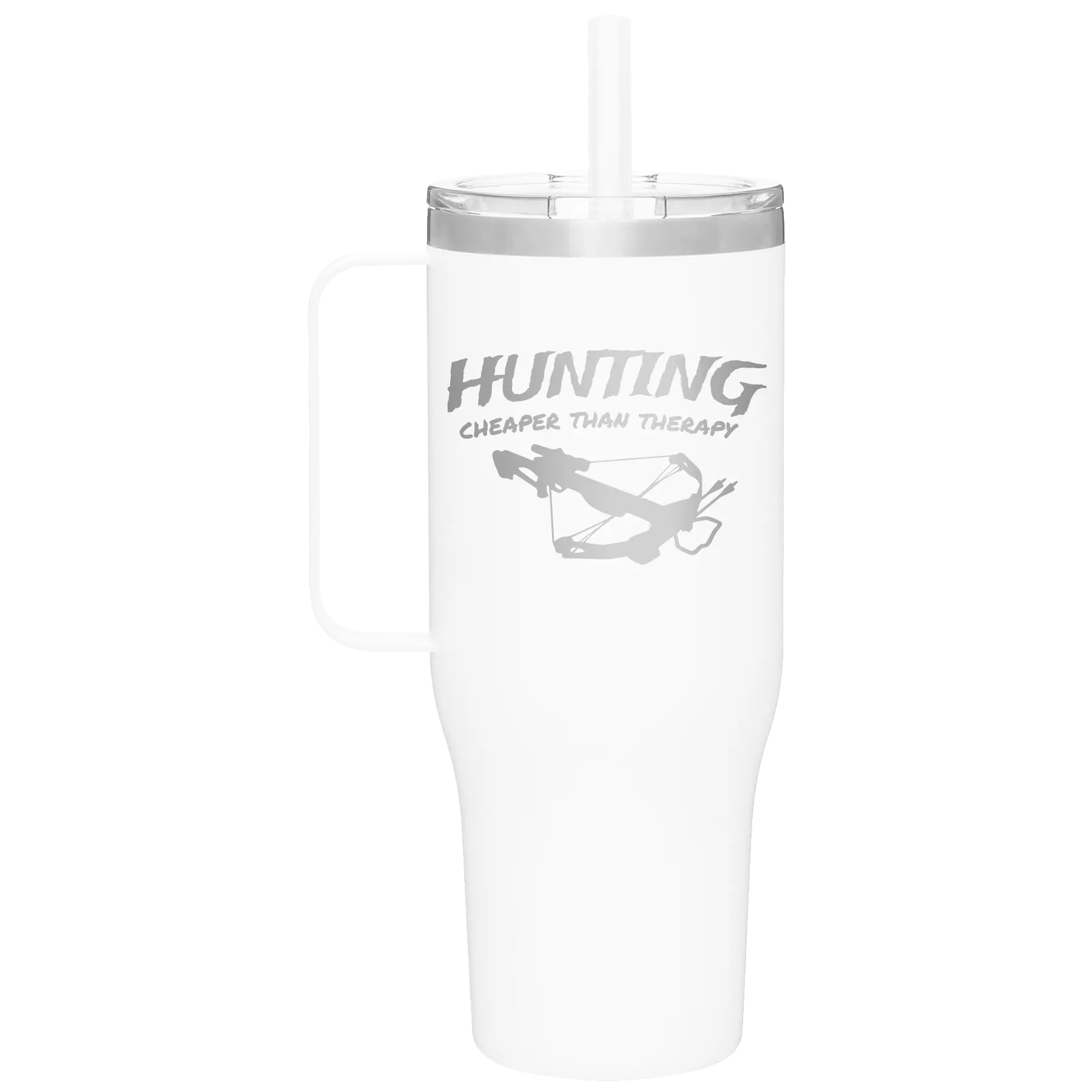 Laser etched white 40 oz vacuum insulated tumbler mug with 'Hunting Cheaper than Therapy' design