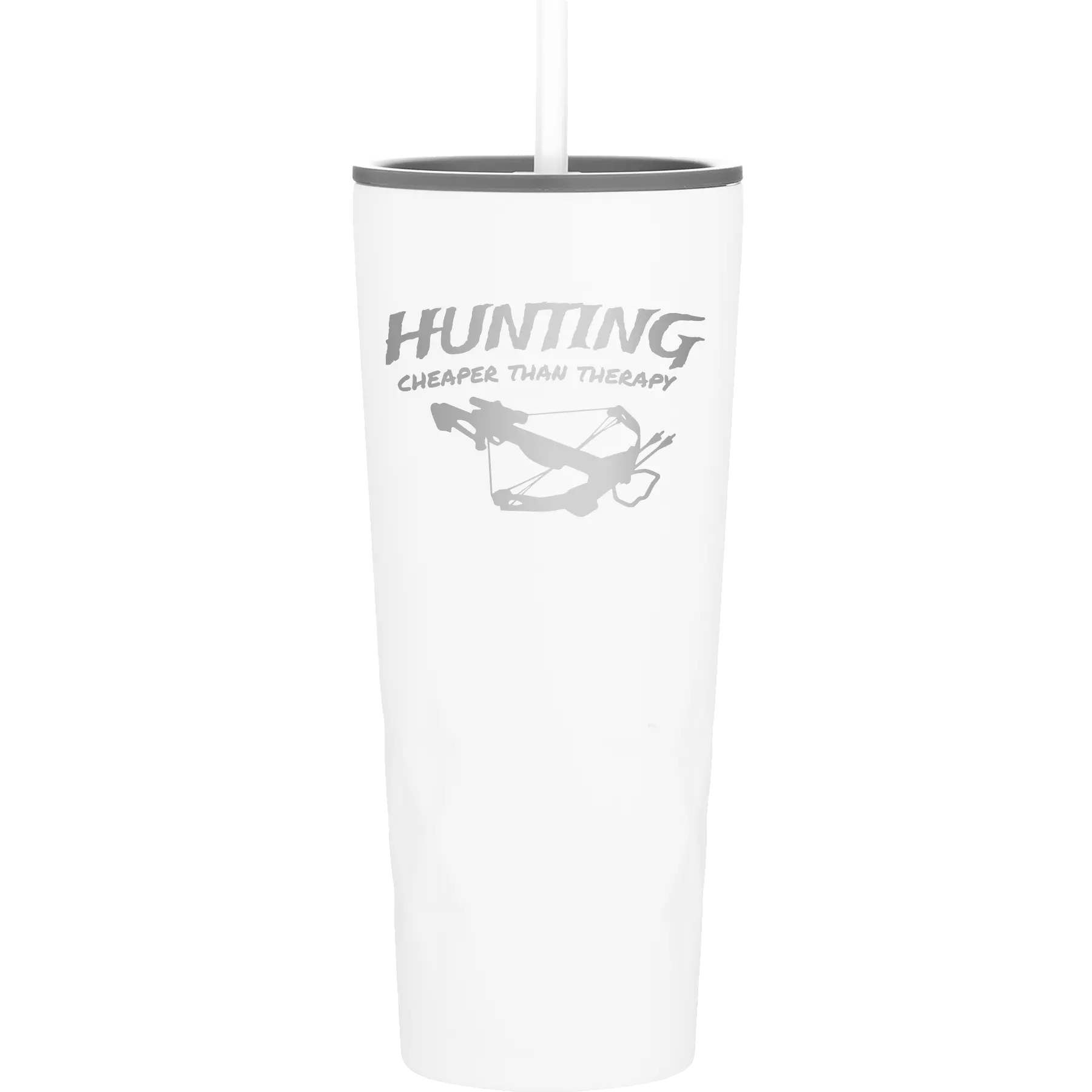 Laser etched white 20 oz vacuum insulated tumbler with 'Hunting Cheaper than Therapy' design