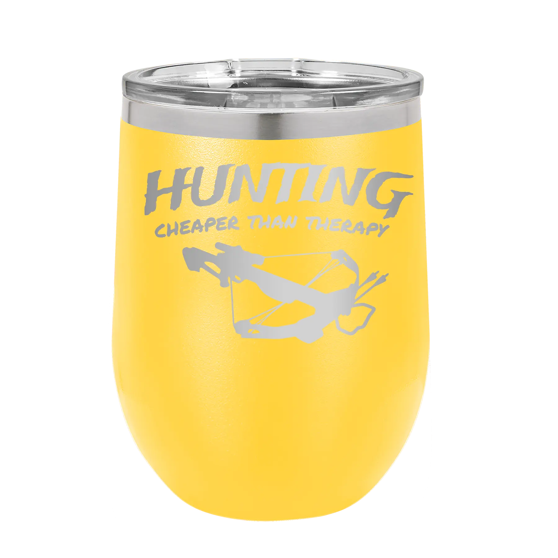 Laser etched yellow 12 oz vacuum insulated wine cup with 'Hunting Cheaper than Therapy' design