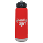 Laser etched red 20 oz vacuum insulated water bottle with 'May your Coffee Be Strong' design