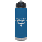 Laser etched royal blue 20 oz vacuum insulated water bottle with 'May your Coffee Be Strong' design