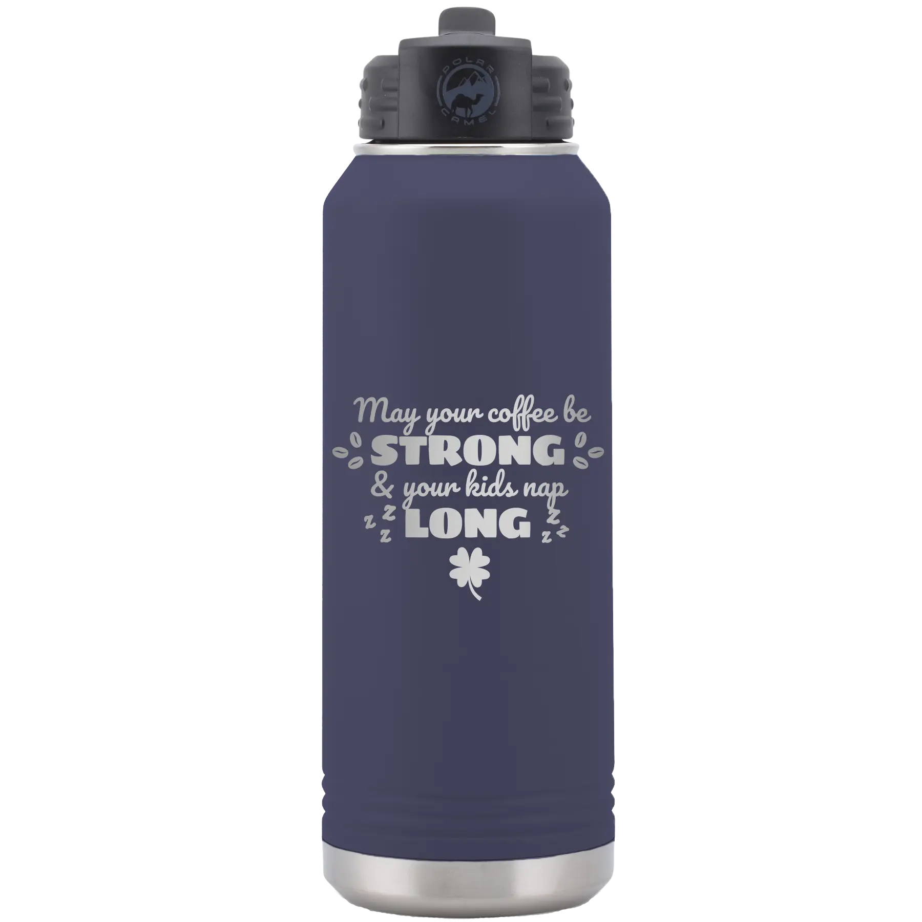 Laser etched navy 32 oz vacuum insulated water bottle with 'May your Coffee Be Strong' design