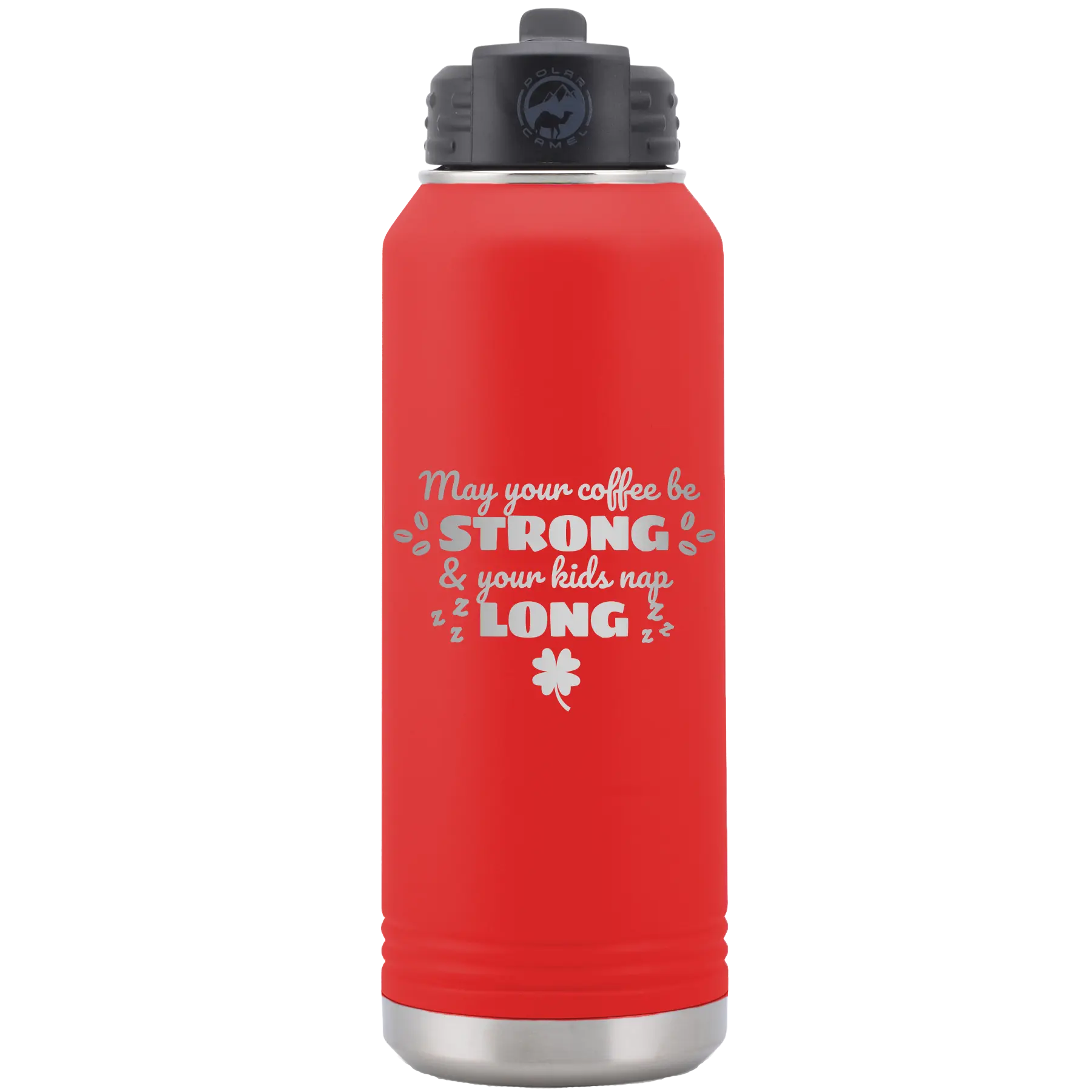 Laser etched red 32 oz vacuum insulated water bottle with 'May your Coffee Be Strong' design