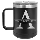 Personalized black 15 oz vacuum insulated coffee mug with 'Monogram letter A' design