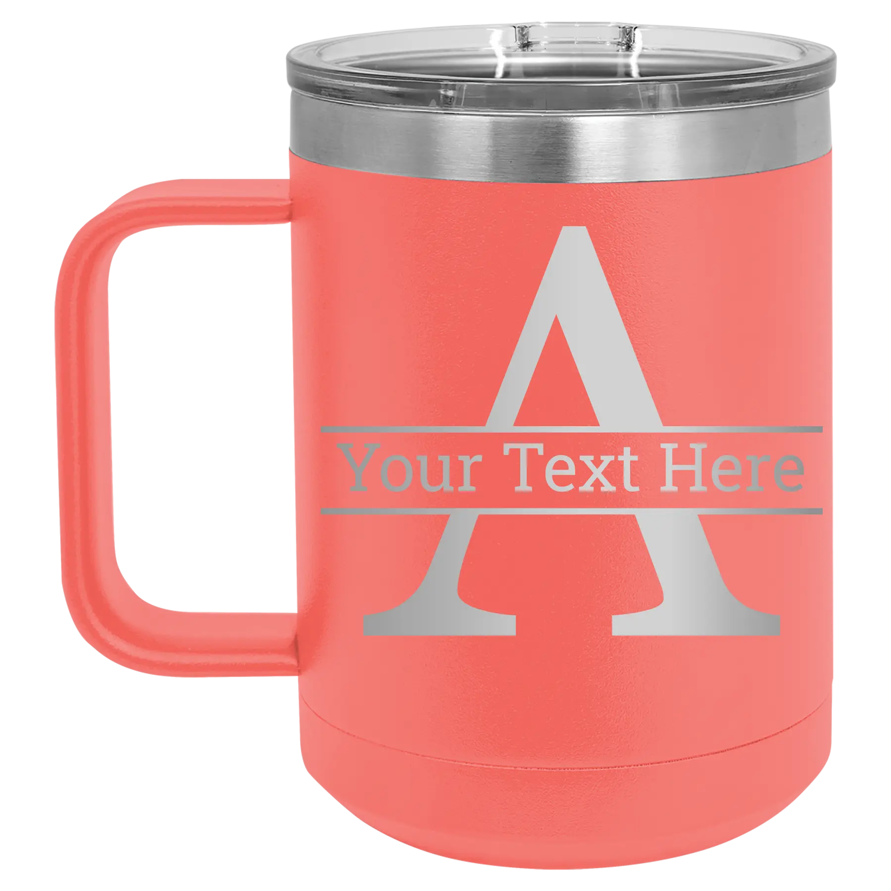 Personalized coral 15 oz vacuum insulated coffee mug with 'Monogram letter A' design