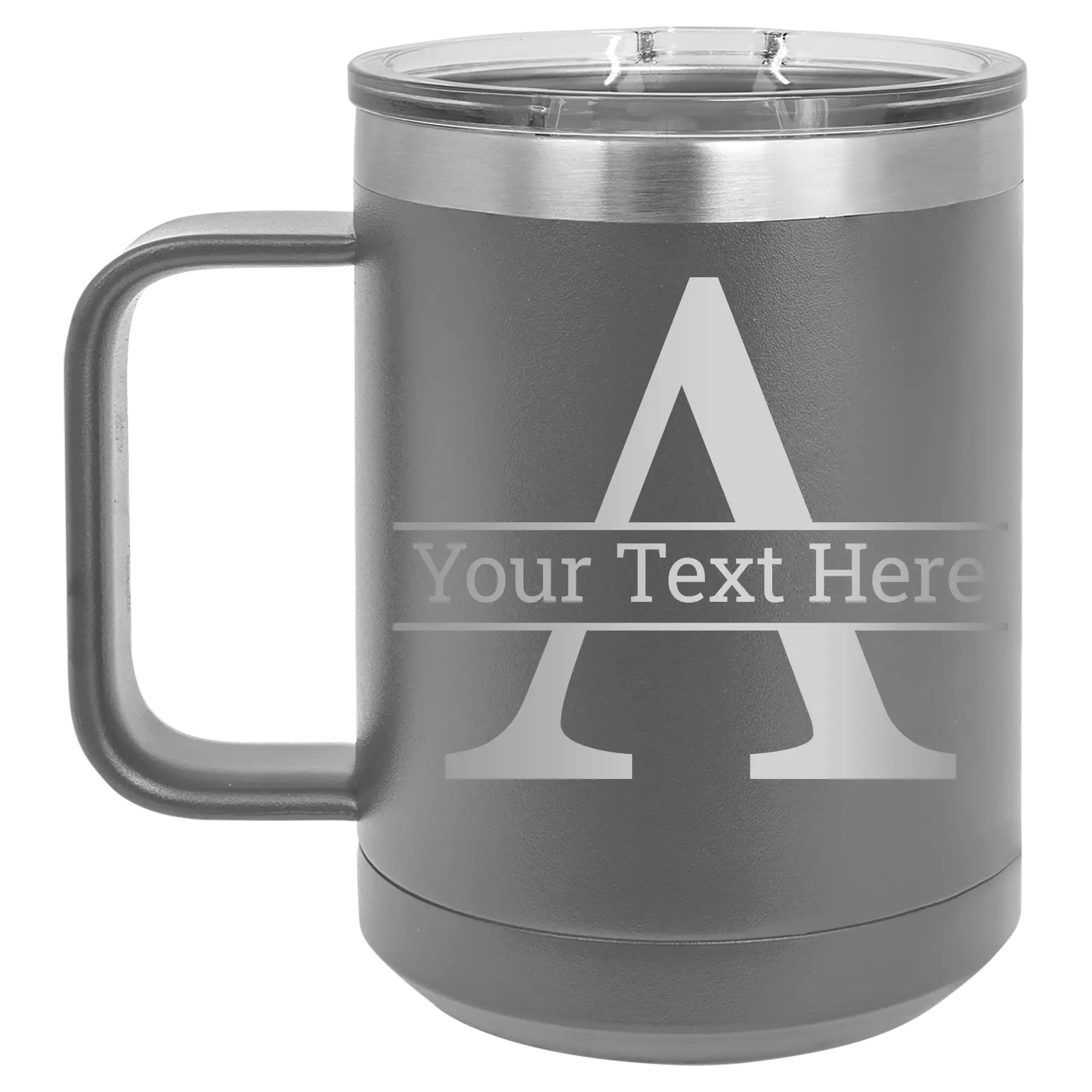 Personalized dark gray 15 oz vacuum insulated coffee mug with 'Monogram letter A' design