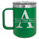 Personalized green 15 oz vacuum insulated coffee mug with 'Monogram letter A' design
