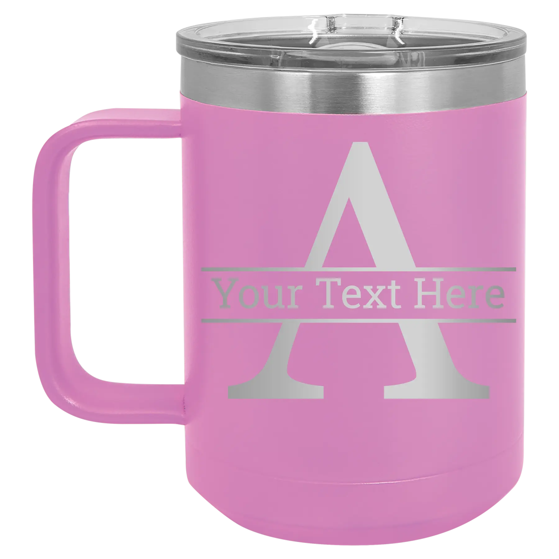 Personalized light purple 15 oz vacuum insulated coffee mug with 'Monogram letter A' design