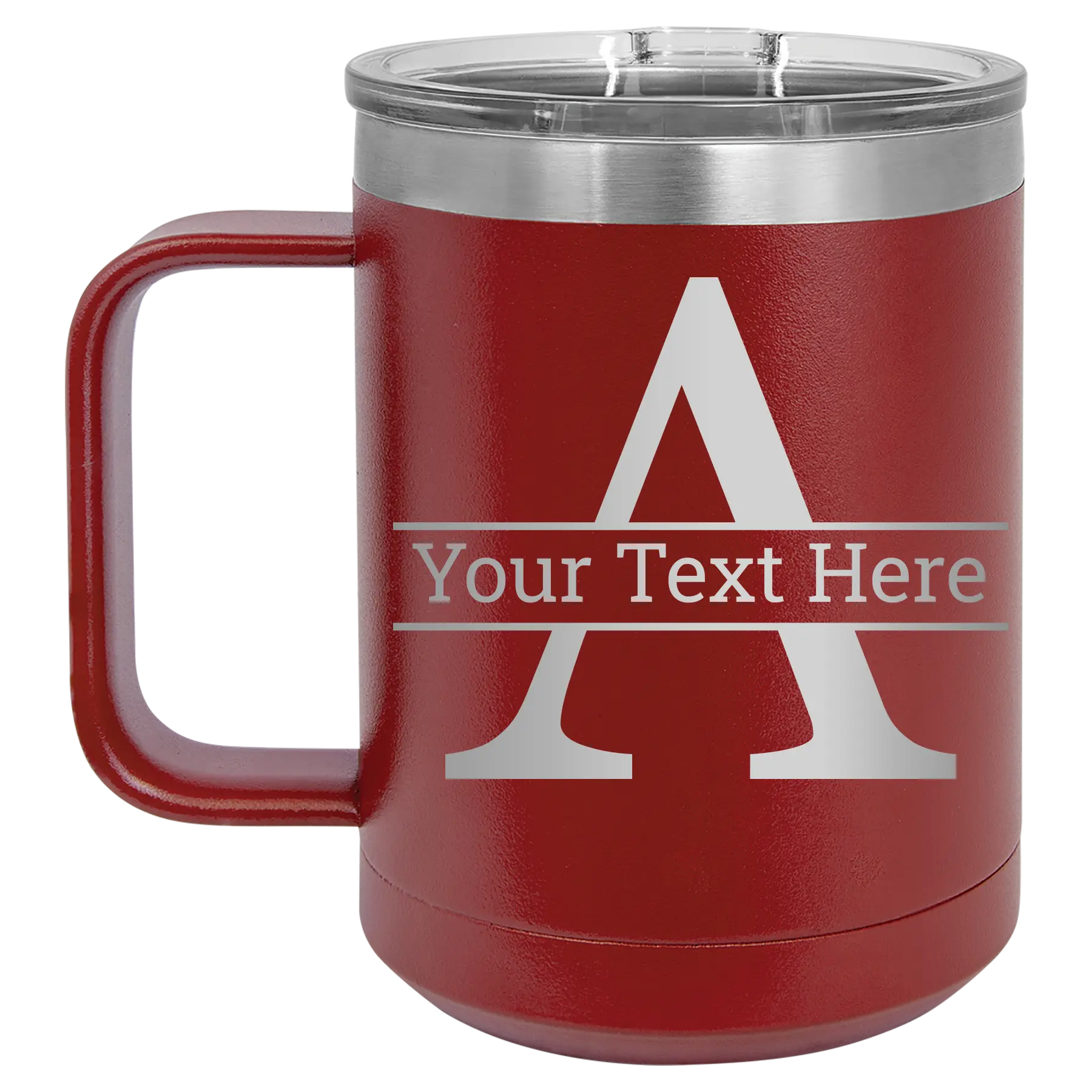 Personalized maroon 15 oz vacuum insulated coffee mug with 'Monogram letter A' design