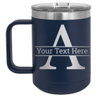 Personalized navy 15 oz vacuum insulated coffee mug with 'Monogram letter A' design