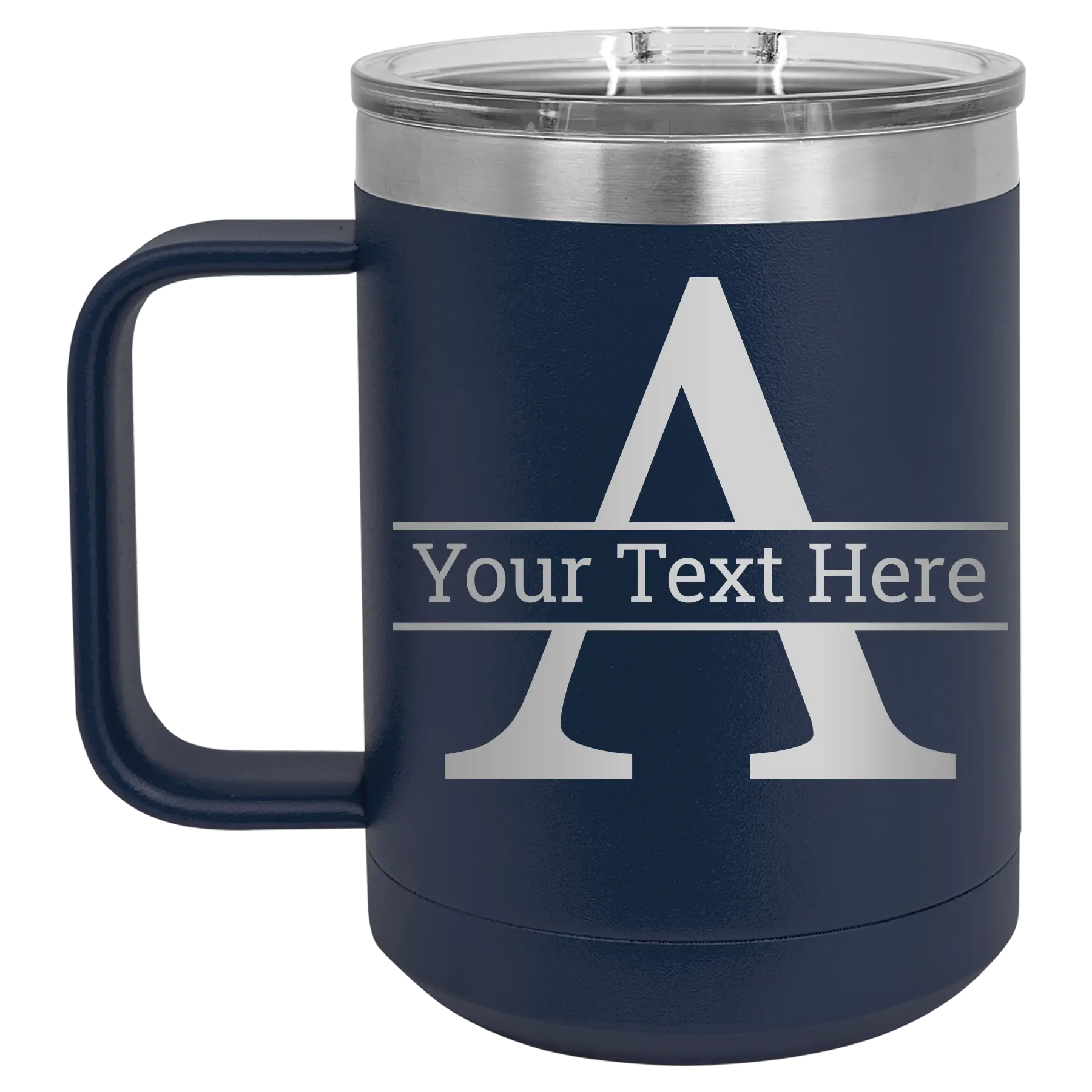 Personalized navy 15 oz vacuum insulated coffee mug with 'Monogram letter A' design