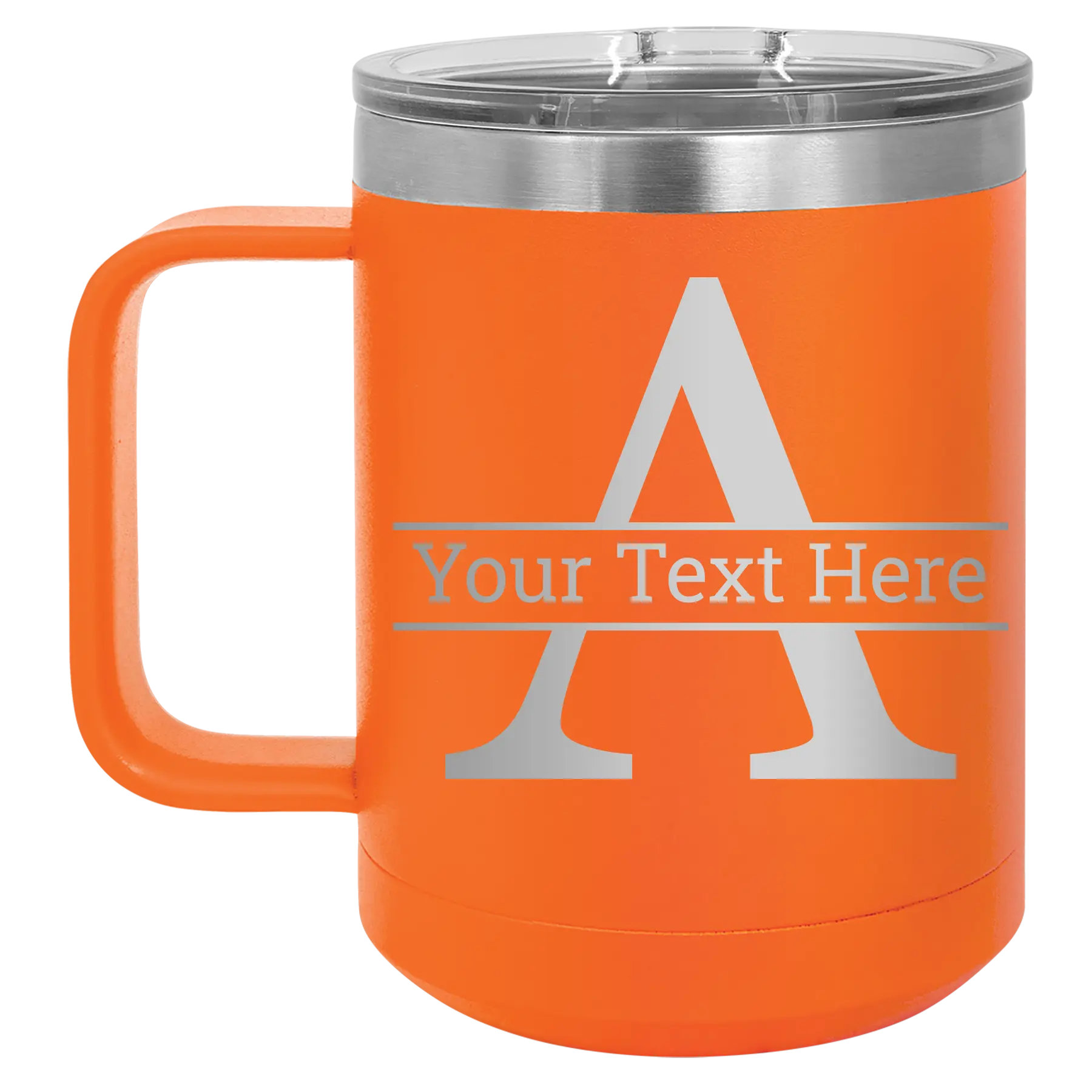 Personalized orange 15 oz vacuum insulated coffee mug with 'Monogram letter A' design