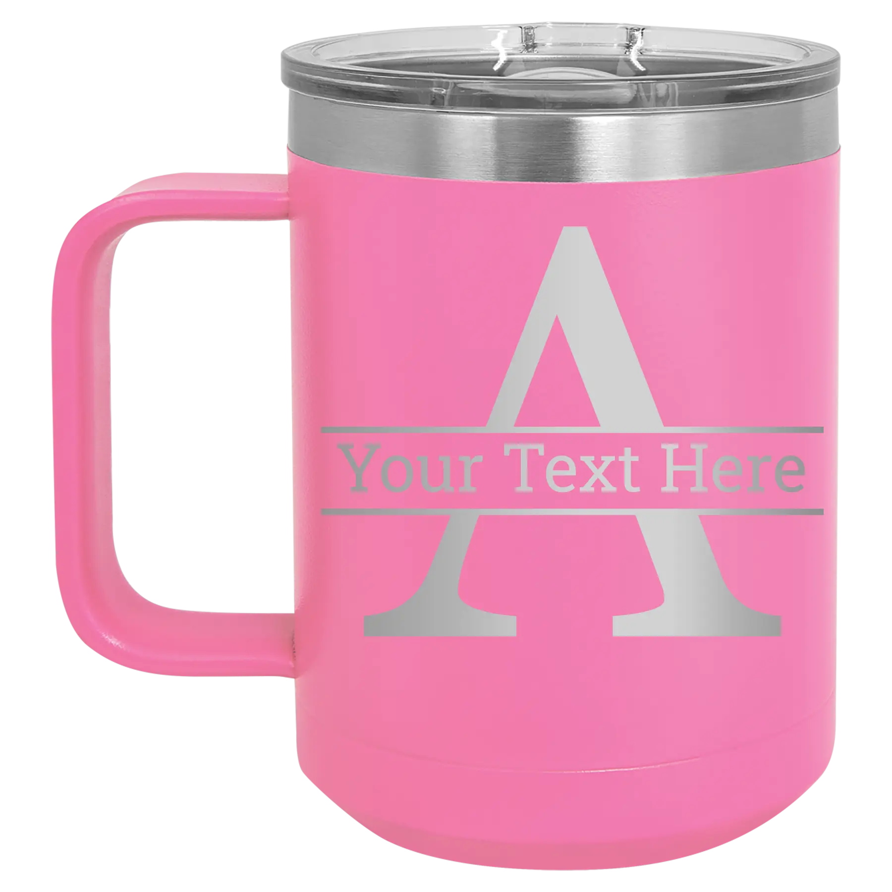 Personalized pink 15 oz vacuum insulated coffee mug with 'Monogram letter A' design