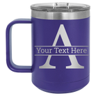 Personalized purple 15 oz vacuum insulated coffee mug with 'Monogram letter A' design