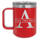 Personalized red 15 oz vacuum insulated coffee mug with 'Monogram letter A' design