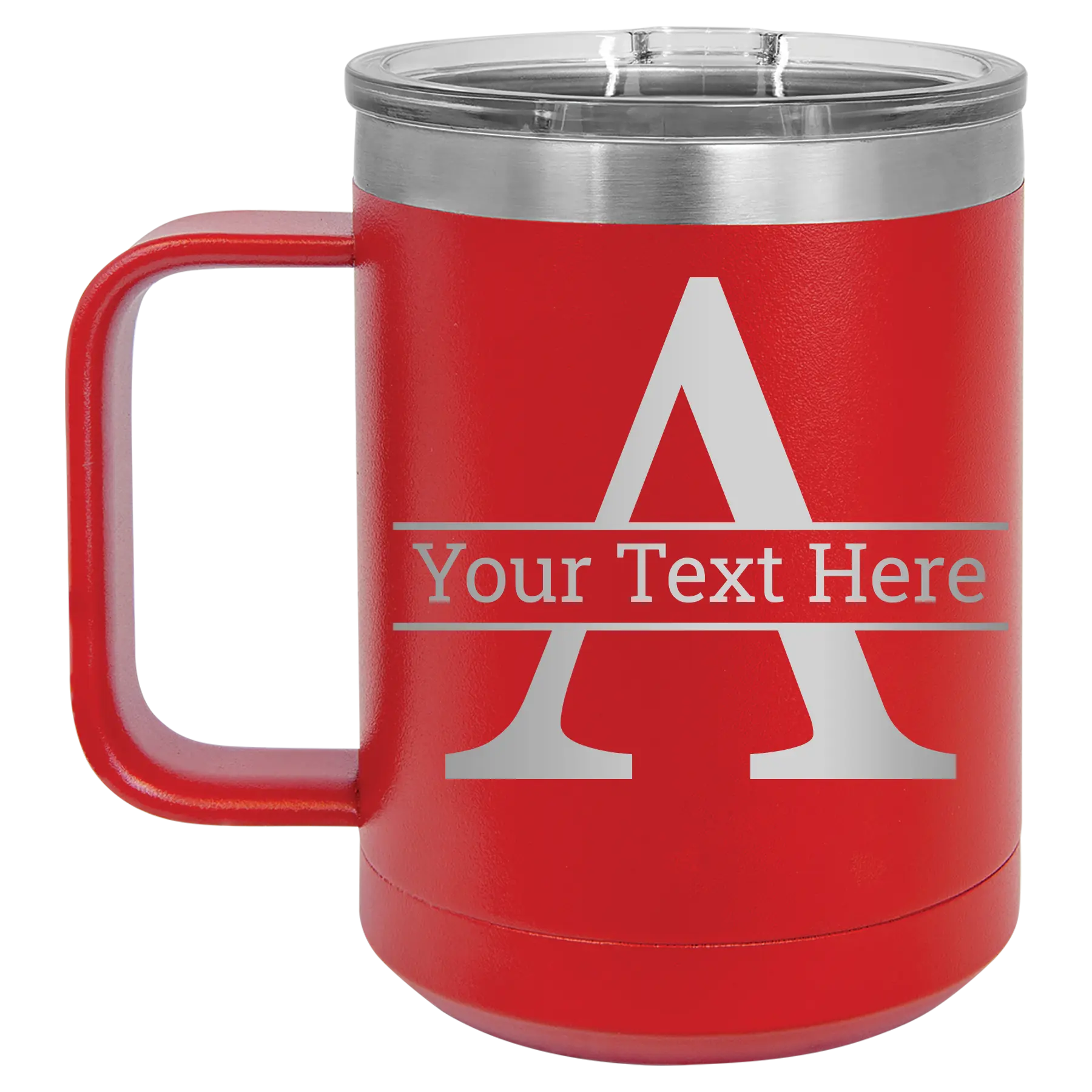 Personalized red 15 oz vacuum insulated coffee mug with 'Monogram letter A' design