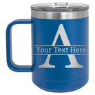 Personalized royal blue 15 oz vacuum insulated coffee mug with 'Monogram letter A' design