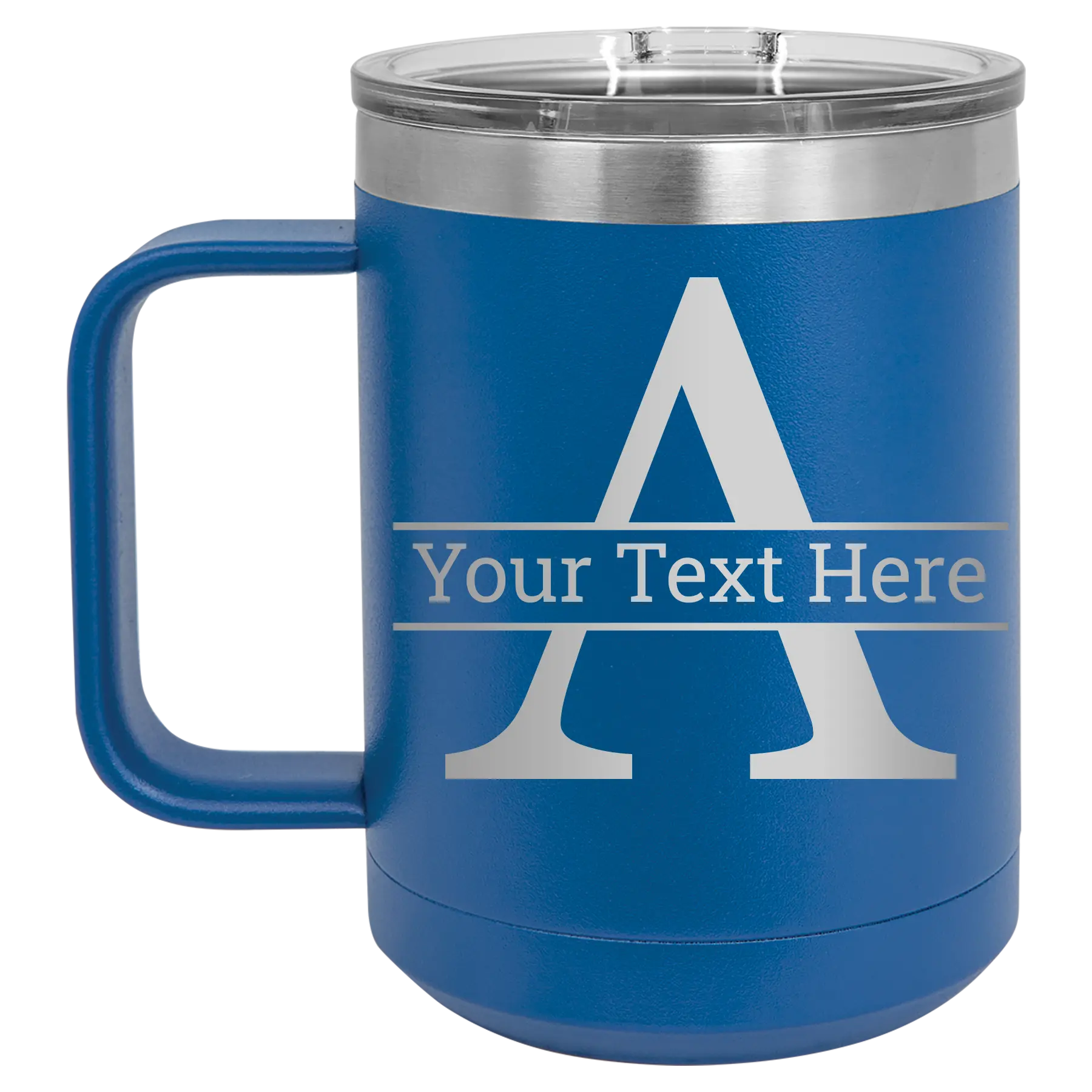 Personalized royal blue 15 oz vacuum insulated coffee mug with 'Monogram letter A' design