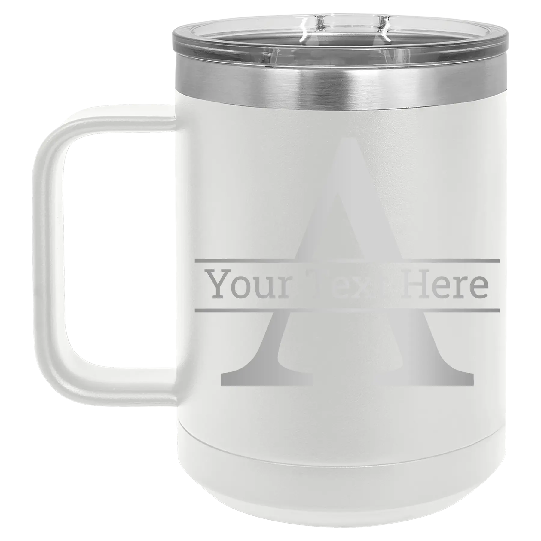 Personalized white 15 oz vacuum insulated coffee mug with 'Monogram letter A' design