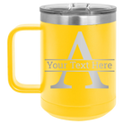 Personalized yellow 15 oz vacuum insulated coffee mug with 'Monogram letter A' design