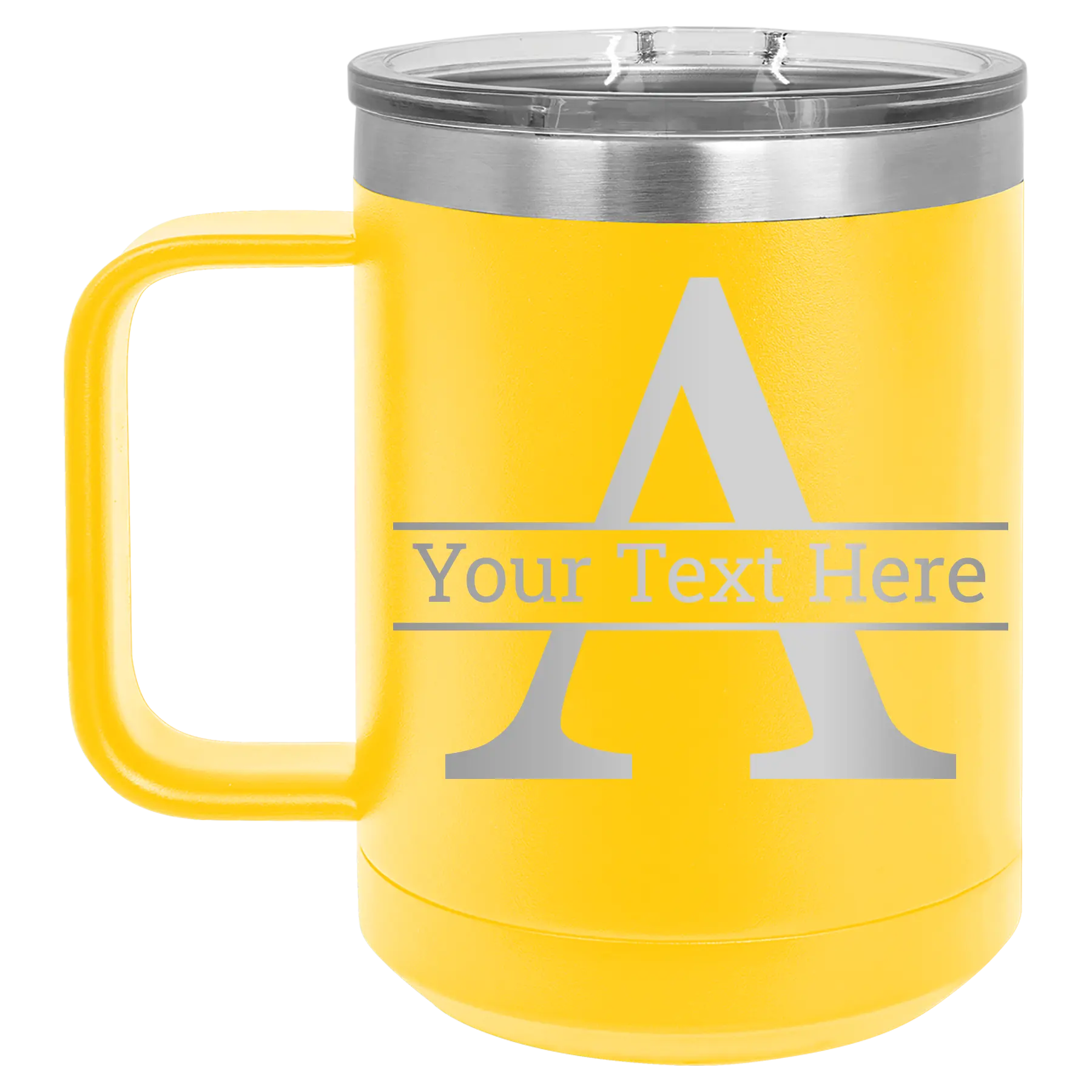 Personalized yellow 15 oz vacuum insulated coffee mug with 'Monogram letter A' design