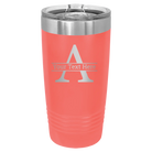 Personalized coral 20 oz vacuum insulated tumbler with 'Monogram letter A' design