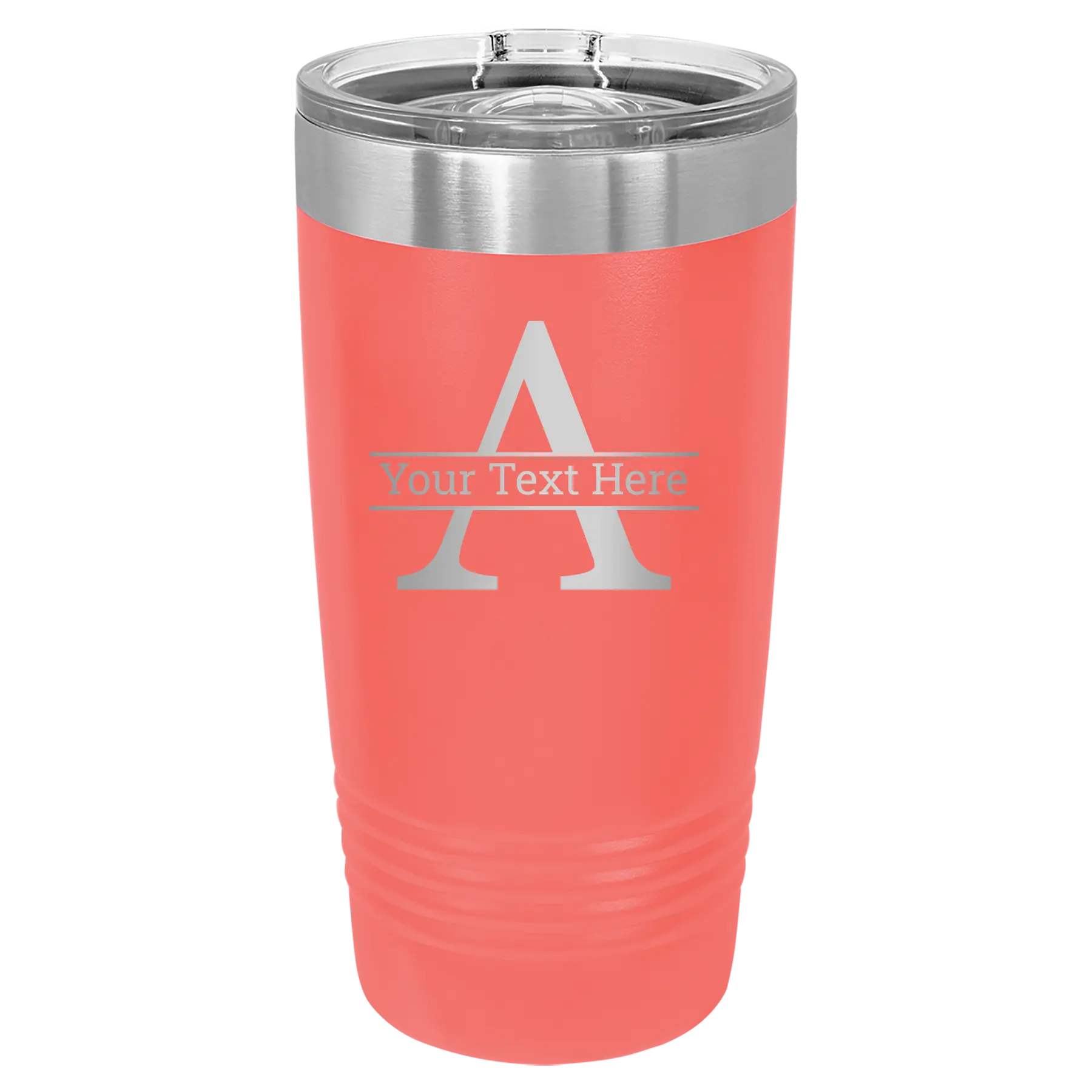 Personalized coral 20 oz vacuum insulated tumbler with 'Monogram letter A' design