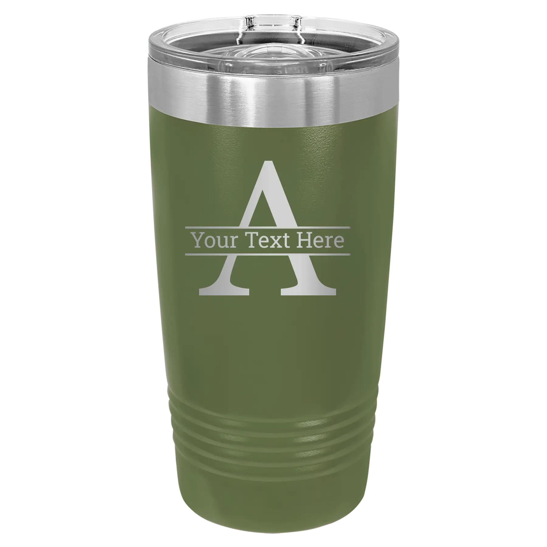 Personalized olive green 20 oz vacuum insulated tumbler with 'Monogram letter A' design