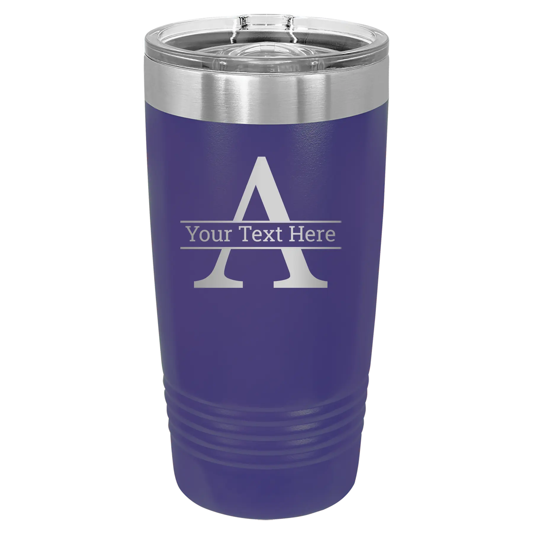 Personalized purple 20 oz vacuum insulated tumbler with 'Monogram letter A' design