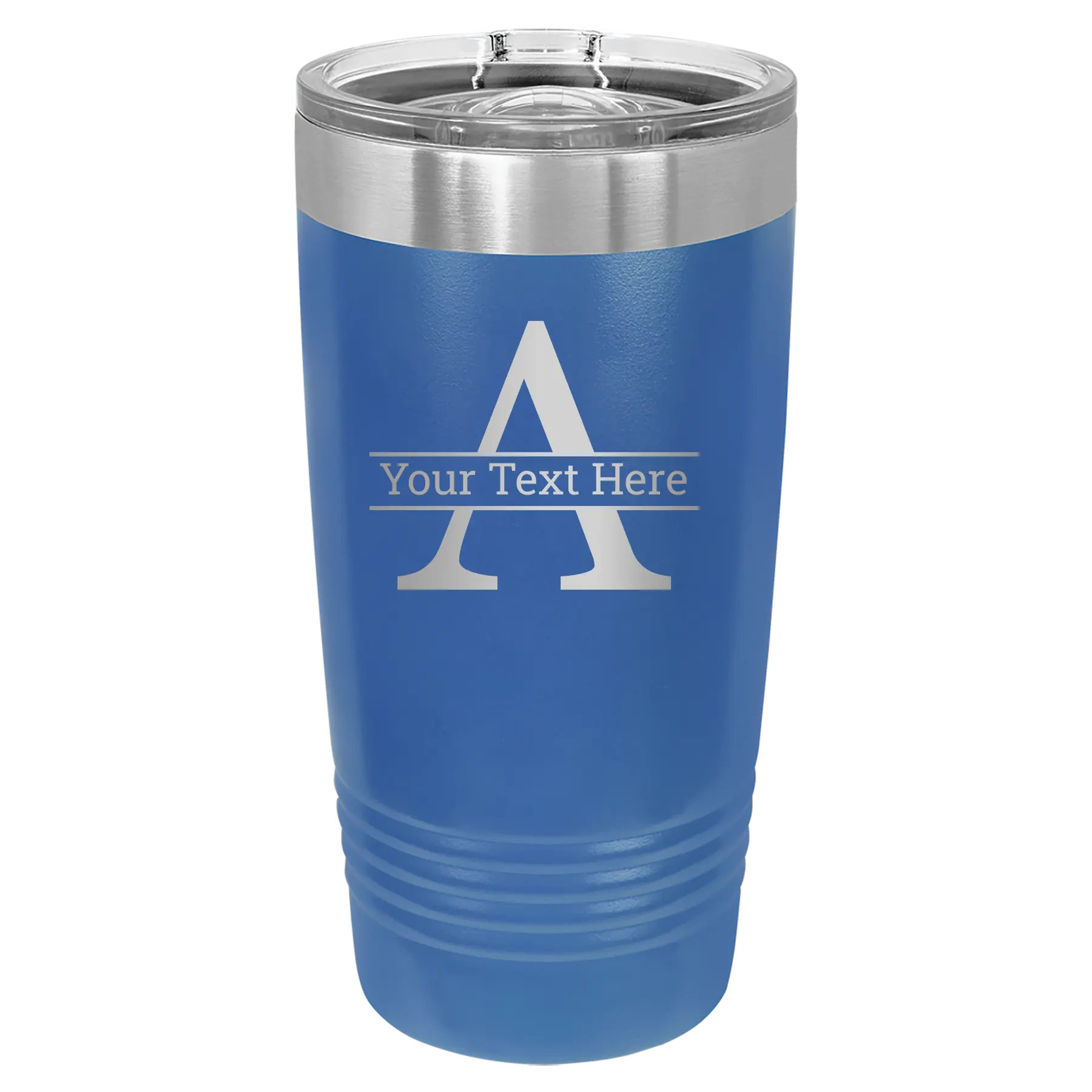 Personalized royal blue 20 oz vacuum insulated tumbler with 'Monogram letter A' design