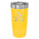 Personalized yellow 20 oz vacuum insulated tumbler with 'Monogram letter A' design