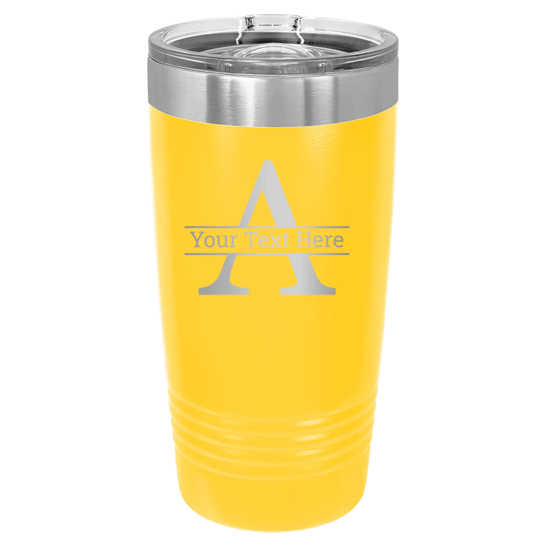 Personalized yellow 20 oz vacuum insulated tumbler with 'Monogram letter A' design