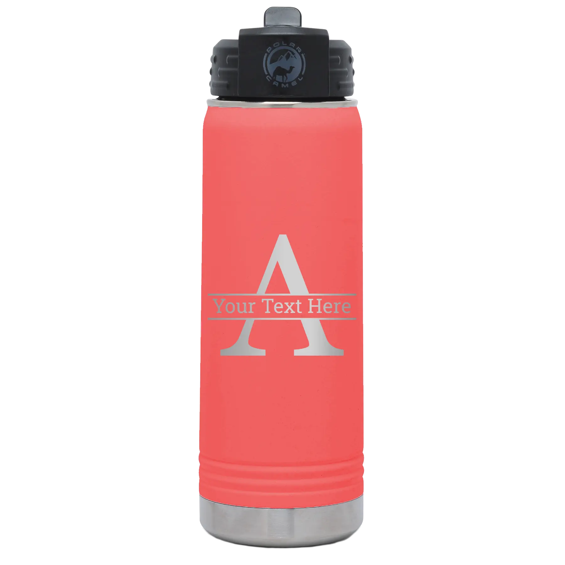 Personalized coral 20 oz vacuum insulated water bottle with 'Monogram letter A' design