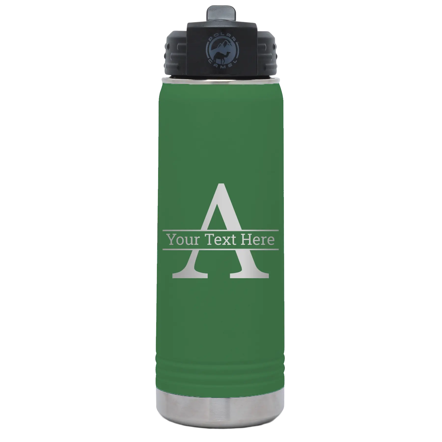 Personalized green 20 oz vacuum insulated water bottle with 'Monogram letter A' design